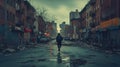 Silhouette of a man running towards a cross, in the streets of an abandoned city with puddles on a rainy day. Royalty Free Stock Photo