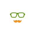 Silhouette of man`s head with orange moustache and green hipster glasses
