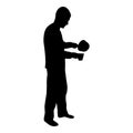 Silhouette man with saucepan in his hands preparing food male cooking use sauciers water poured in mug black color vector