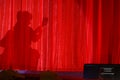 The silhouette a man shadow playing a classic guitar on the red curtain.