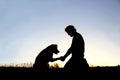 Silhouette of Man Shaking Hands with his Loyal Pet Dog Royalty Free Stock Photo