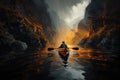 Silhouette of a man sitting in a kayak floating on the river at sunset