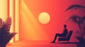 Silhouette of a Man Sitting in a Modern Room with Tropical Plants at Sunset Royalty Free Stock Photo