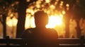 The silhouette of a man sitting on a park bench lost in thought as the sun sets behind him