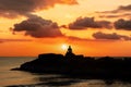 Meditation on the rocks, a man sitting on a rock in the sea at sunset