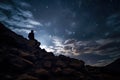 Silhouette of a man sitting on top of a rock and looking at the starry sky, silhouette of a person on rocks looking at the night Royalty Free Stock Photo