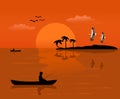 Silhouette of a man on a small boat that is fishing There is an island and the sunset background