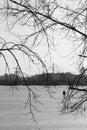 Silhouette of a man in a snowy field, branches of trees in the foreground.Black and white picture