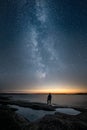 Silhouette of a man standing alone by a sea and looking up the milky way Royalty Free Stock Photo