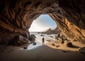 Silhouette of a man standing in the cave on the beach