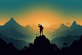 Silhouette Man standing and celebrating success and achievement on the top of mountain with sun rise, for Victory concept. Royalty Free Stock Photo