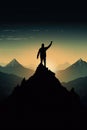 Silhouette Man standing and celebrating success and achievement on the top of mountain with sun rise, for Victory concept. Royalty Free Stock Photo