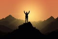 Silhouette Man standing and celebrating success and achievement on the top of mountain with sun rise, for Victory concept Royalty Free Stock Photo