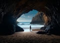 Solitude Amidst Nature\'s Sanctuary: Silhouette of a Man in a Beach Cave