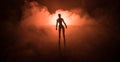 Silhouette of man standing on an dark foggy toned background. Decorated photo with man figure on table with light. Royalty Free Stock Photo