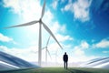 Silhouette of a man standing high in the mountains and looking at the landscape of nature with wind turbines against a blue sky Royalty Free Stock Photo