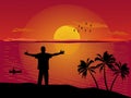 silhouette of a man standing with his arms outstretched on top of a mountain with the sea and sunset in the background Royalty Free Stock Photo