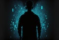 Silhouette of man standing inside data center. Hacker concept.