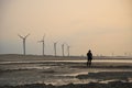 Silhouette of a man  standing on a lake shore during sunset, with the wind turbines Royalty Free Stock Photo