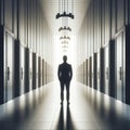 Silhouette of a man standing in a long corridor with a lot of doors. Royalty Free Stock Photo