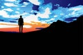 Silhouette of man standing on mountain with beautiful sky sunset view landscape illustration Royalty Free Stock Photo