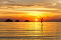 Silhouette of a man standing in the sea at sunset islands background on a tropical island Royalty Free Stock Photo