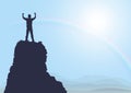 Silhouette of man standing on top of the mountain with fists raised up on sunrise with rainbow background Royalty Free Stock Photo