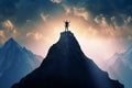 Silhouette of man standing on top of a mountain with his arms raised Royalty Free Stock Photo