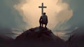 Silhouette of a man standing on the top of a mountain and looking at the cross