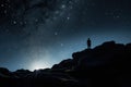 Silhouette of man standing on top of rock and looking at night sky, silhouette of a person on rocks looking at the night sky with Royalty Free Stock Photo