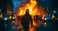 silhouette of a man during street protests, with burning cars in the background