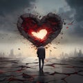 Silhouette of a man in a suit, stepping on cracked ground. standing in front of a large cracked hearthe sky. Heart as a