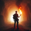 Silhouette of a man with a torch in a cave. Royalty Free Stock Photo