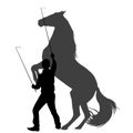 Silhouette of a man training horse to rear up Royalty Free Stock Photo