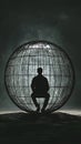 Silhouette of a man trapped inside a large globe cage Image Royalty Free Stock Photo