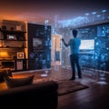 Silhouette of a man using a futuristic home automation control interface with glowing digital screens in a smart home environment Royalty Free Stock Photo