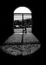 Silhouette of a man walking behind a gate