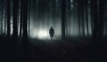 Silhouette of a man walking in the dark forest with fog. Royalty Free Stock Photo