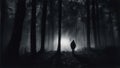 Silhouette of a man walking in the dark forest with fog. Royalty Free Stock Photo