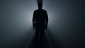 Silhouette man walking in darkness. Male person going straight on in dark. Royalty Free Stock Photo