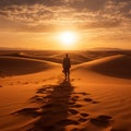 Silhouette of man walking in desert on sunset. Travelling to Arabian countries. Beauty of nature, silence