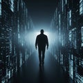 Silhouette of a man walking through a futuristic digital corridor surrounded by glowing data streams and abstract technological Royalty Free Stock Photo