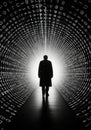 Silhouette of man walking through futuristic digital data tunnel way Royalty Free Stock Photo