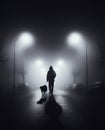 silhouette of a man walking his dog at night empty street, lit lamppost Royalty Free Stock Photo