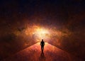 Silhouette of man walking through a passageway through the universe Royalty Free Stock Photo