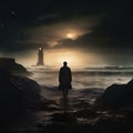 Silhouette of a man walking into a rough sea against the background of a lighthouse Royalty Free Stock Photo