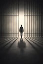 Silhouette Man Walking Toward Light Through Open Prison Bars Concept Royalty Free Stock Photo