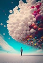 Silhouette of a man walking under a huge number of multi-colored balloons. Road to fulfillment of desires concept. AI