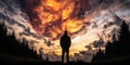 Silhouette of a Man Watching a Breathtaking Sunset Sky with Cosmic Cloud Formations in Nature Royalty Free Stock Photo