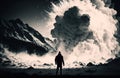 Silhouette of a man watching huge avalanche coming. Natural disaster concept. Royalty Free Stock Photo